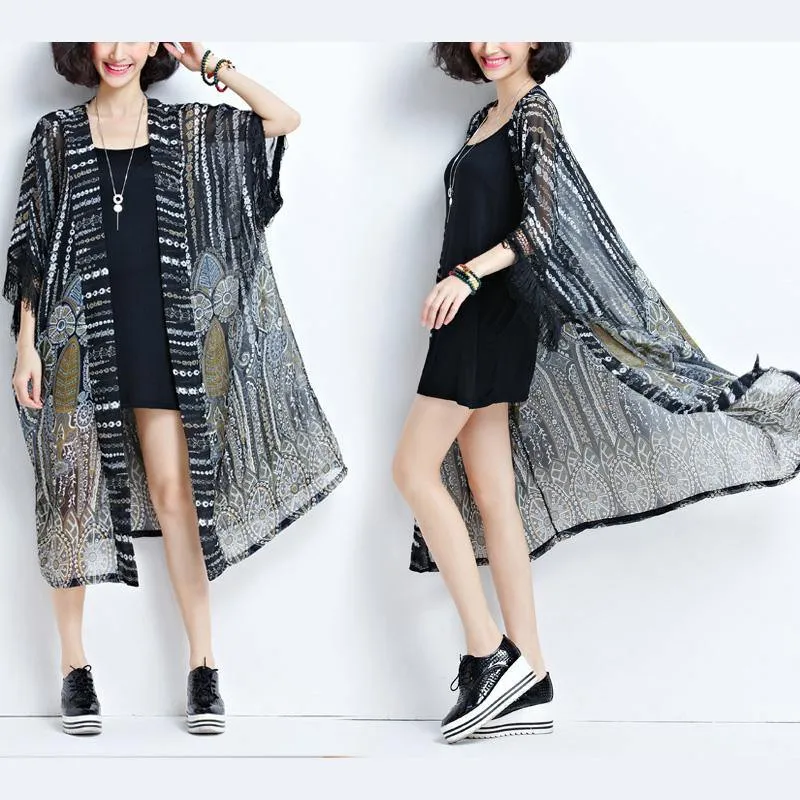 2018 fashion women black chiffon coats plus size tassel summer casual cardigans