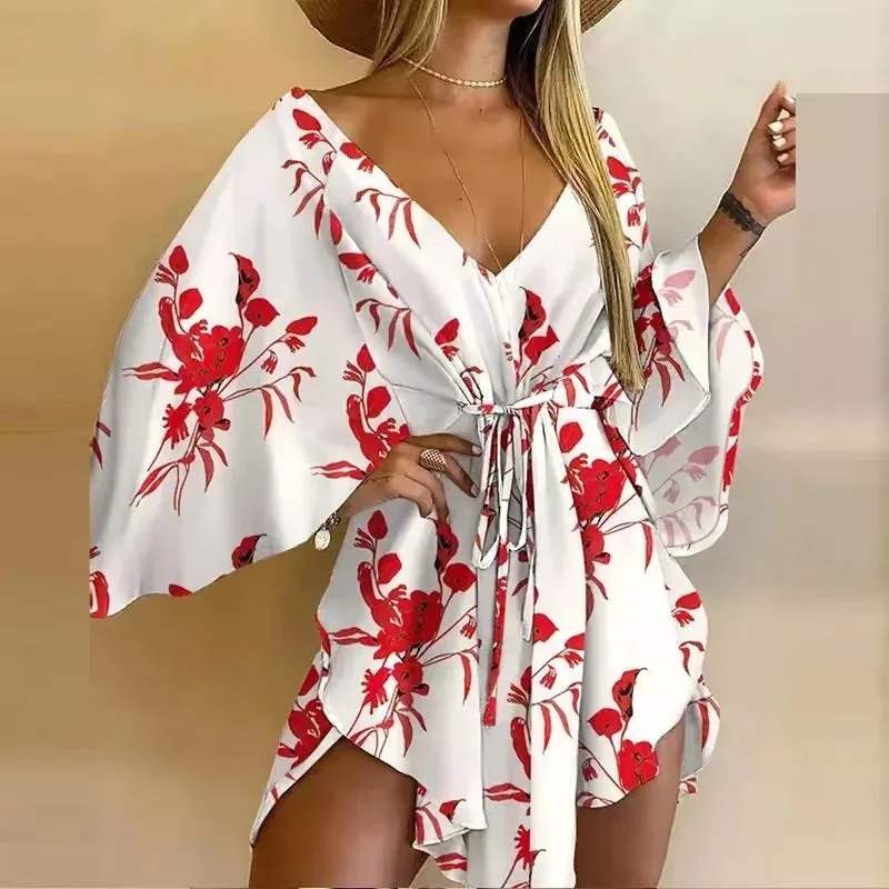 2024 New Summer Beach Elegant Women Dresses Sexy V Neck Lace-up Floral Print Mini Dress Casual Flared Sleeves Ladies Party Dress