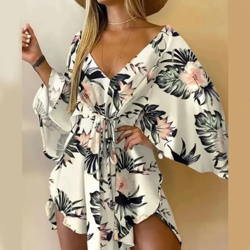 2024 New Summer Beach Elegant Women Dresses Sexy V Neck Lace-up Floral Print Mini Dress Casual Flared Sleeves Ladies Party Dress