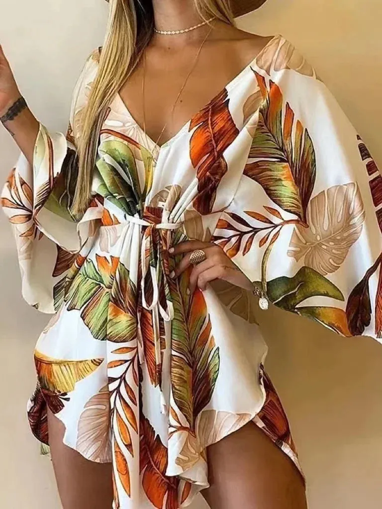 2024 New Summer Beach Elegant Women Dresses Sexy V Neck Lace-up Floral Print Mini Dress Casual Flared Sleeves Ladies Party Dress