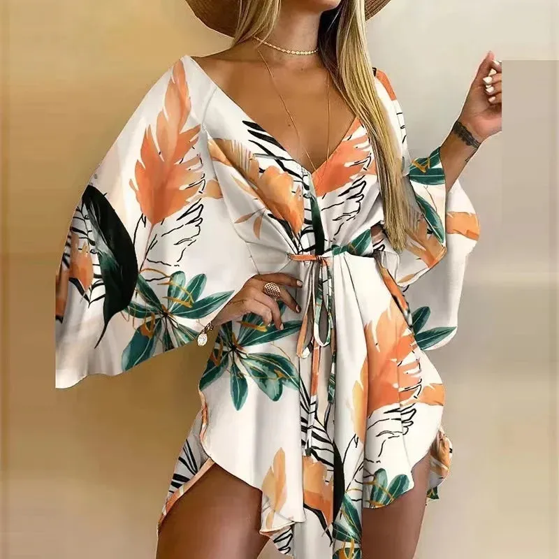 2024 New Summer Beach Elegant Women Dresses Sexy V Neck Lace-up Floral Print Mini Dress Casual Flared Sleeves Ladies Party Dress