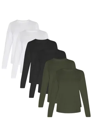 6-Pack Women's Long Sleeve White-Black-Olive | Organic Cotton, Sustainable & Super Soft