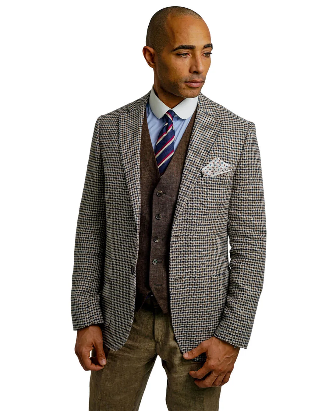 Beige Cotton Linen Gun Club Check Jacket