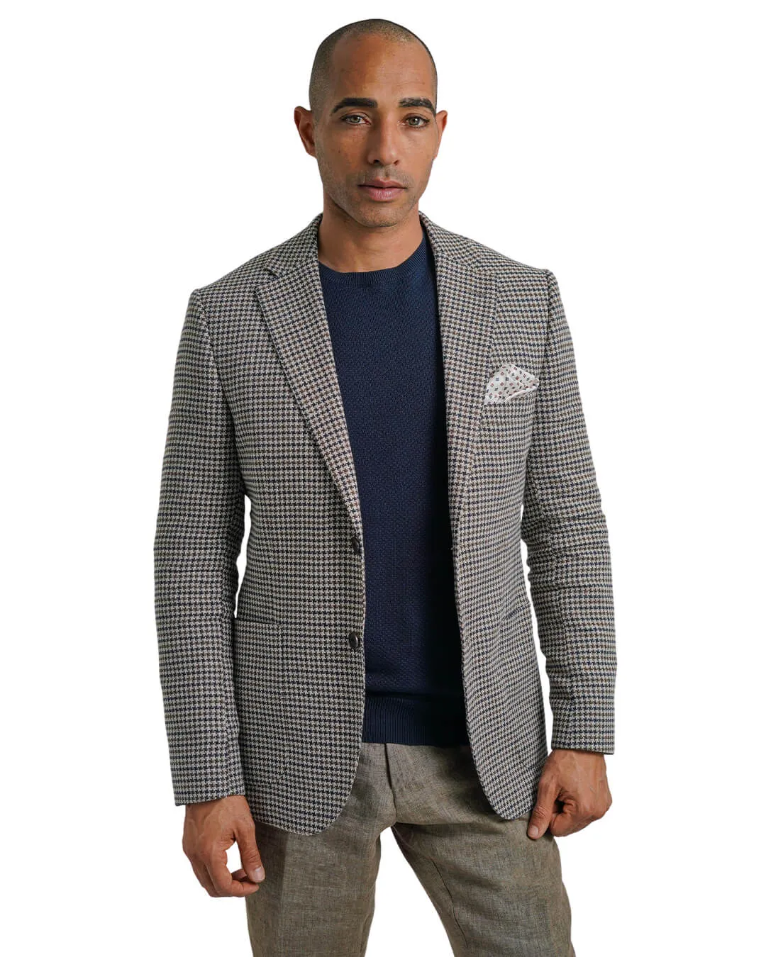 Beige Cotton Linen Gun Club Check Jacket