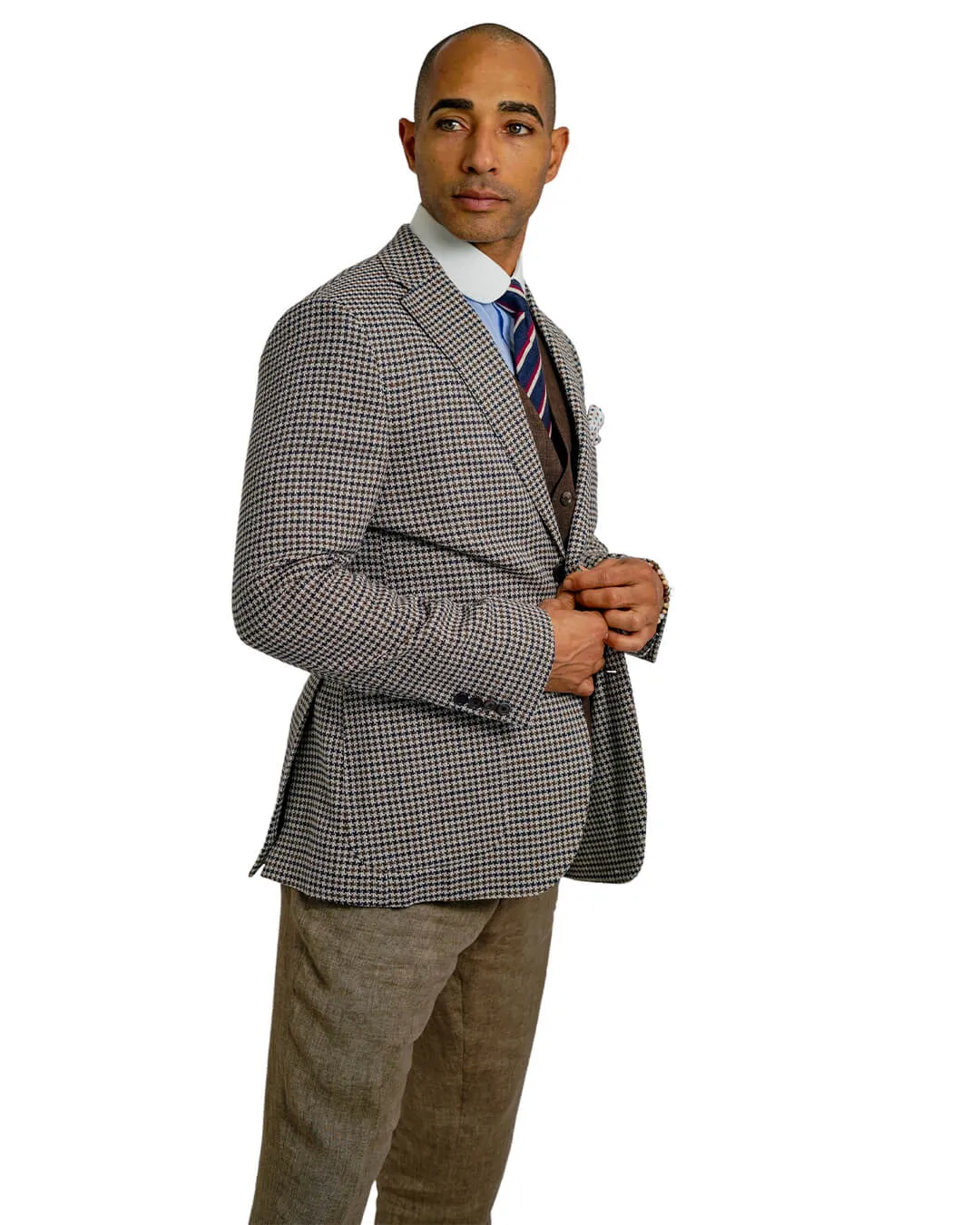 Beige Cotton Linen Gun Club Check Jacket