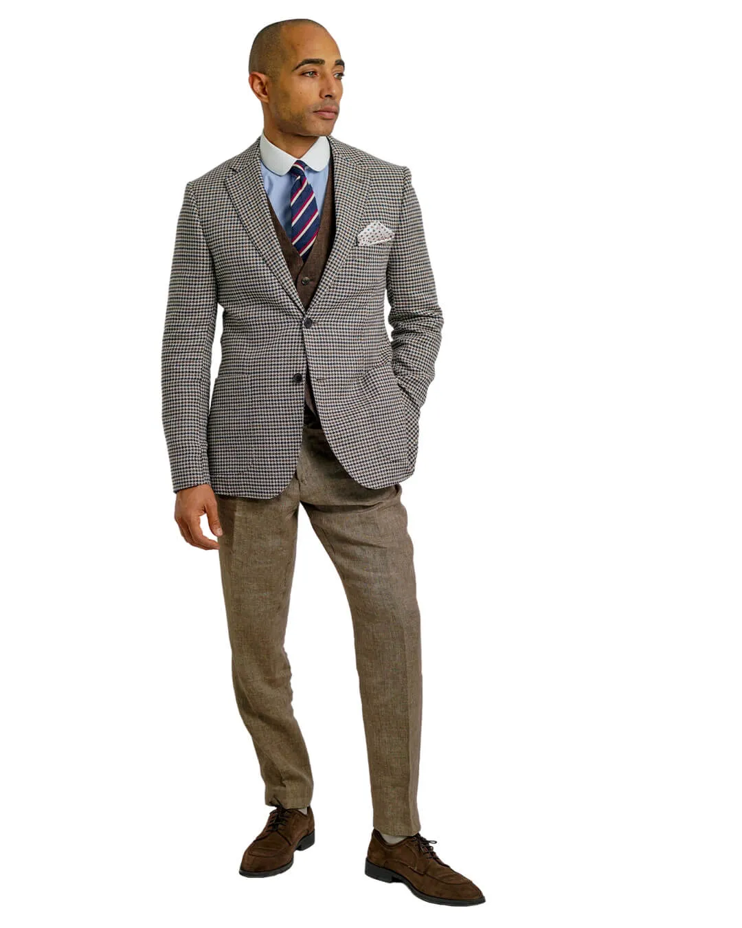 Beige Cotton Linen Gun Club Check Jacket