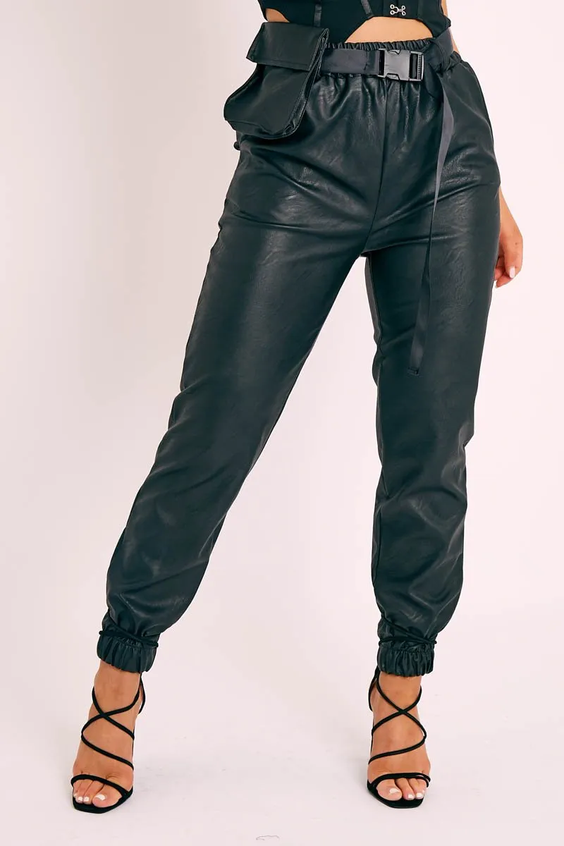 Black Cargo Pouch Belted PU Joggers - Mishka