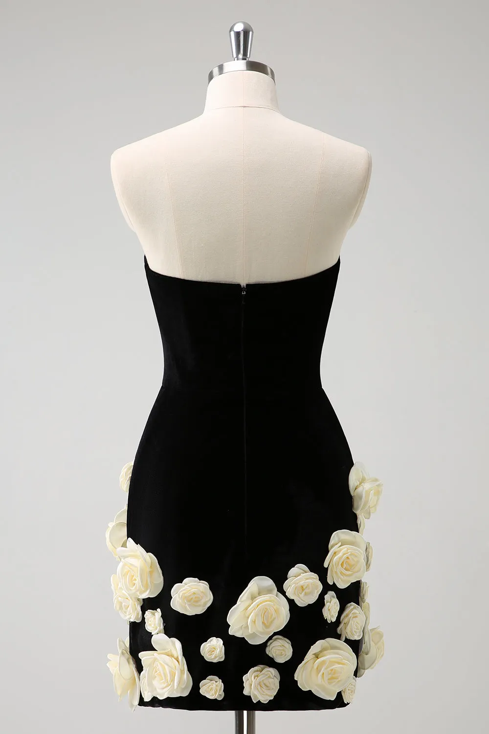 Black Strapless Tight Mini Dress with Flowers