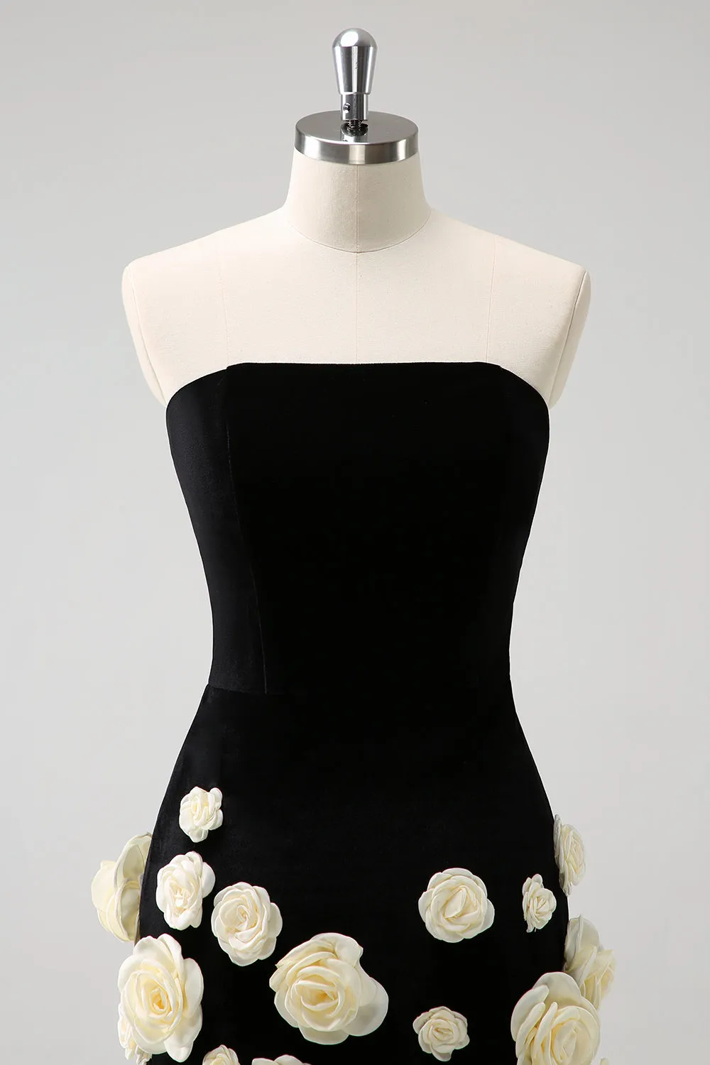 Black Strapless Tight Mini Dress with Flowers