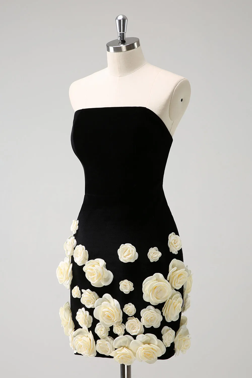 Black Strapless Tight Mini Dress with Flowers