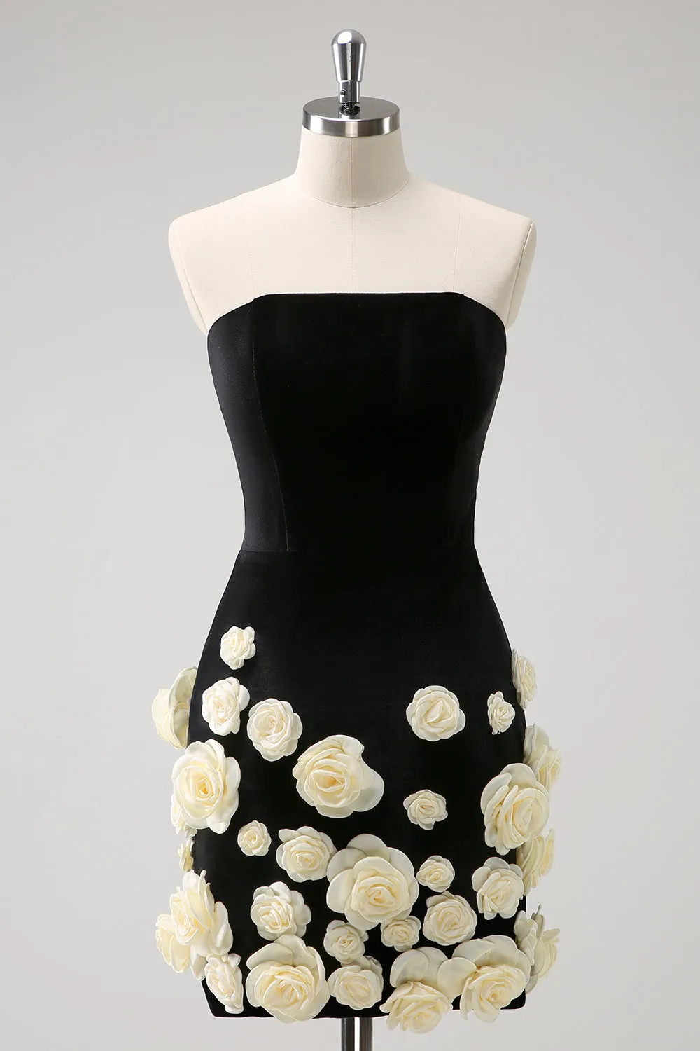 Black Strapless Tight Mini Dress with Flowers