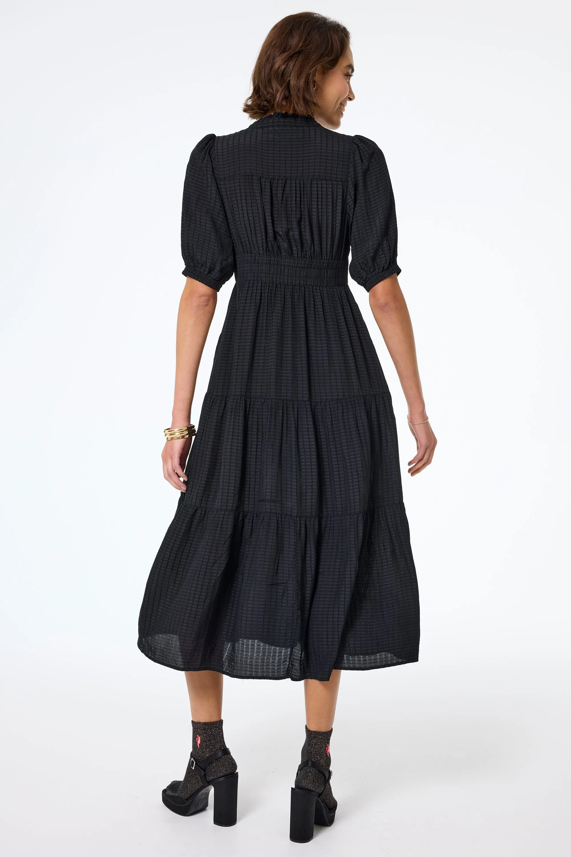 Black Textured Zip Detail Tiered Midi Dress