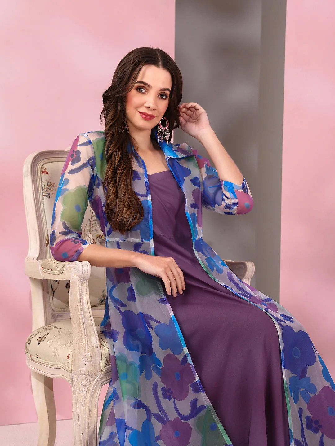 Blue Women Floral Printed Empire Kurta with Trousers