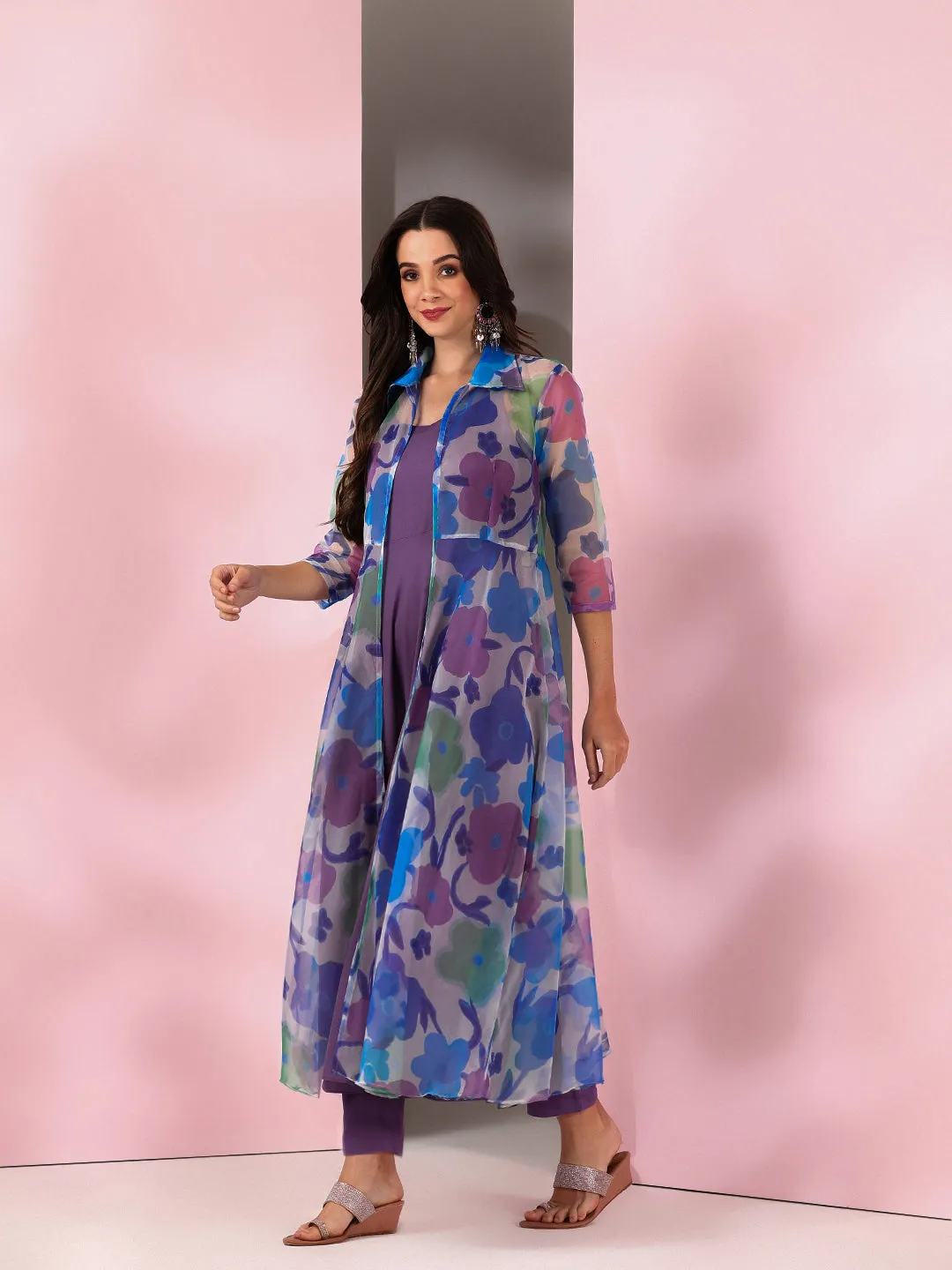 Blue Women Floral Printed Empire Kurta with Trousers