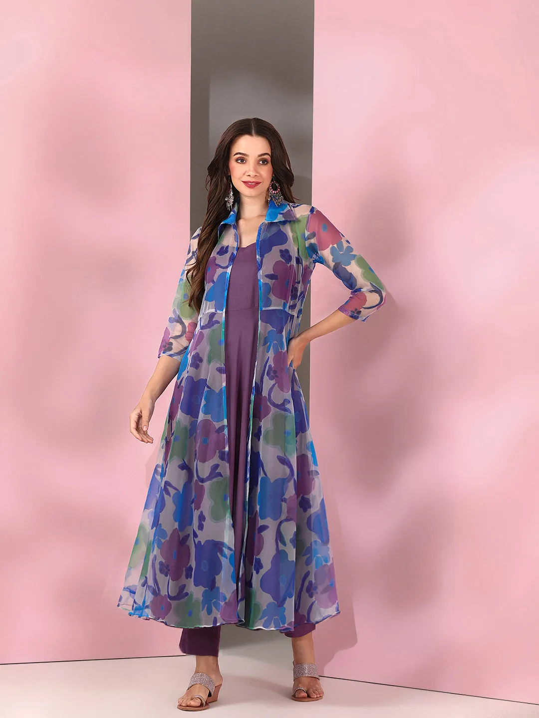 Blue Women Floral Printed Empire Kurta with Trousers