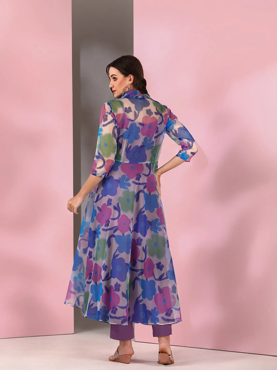 Blue Women Floral Printed Empire Kurta with Trousers