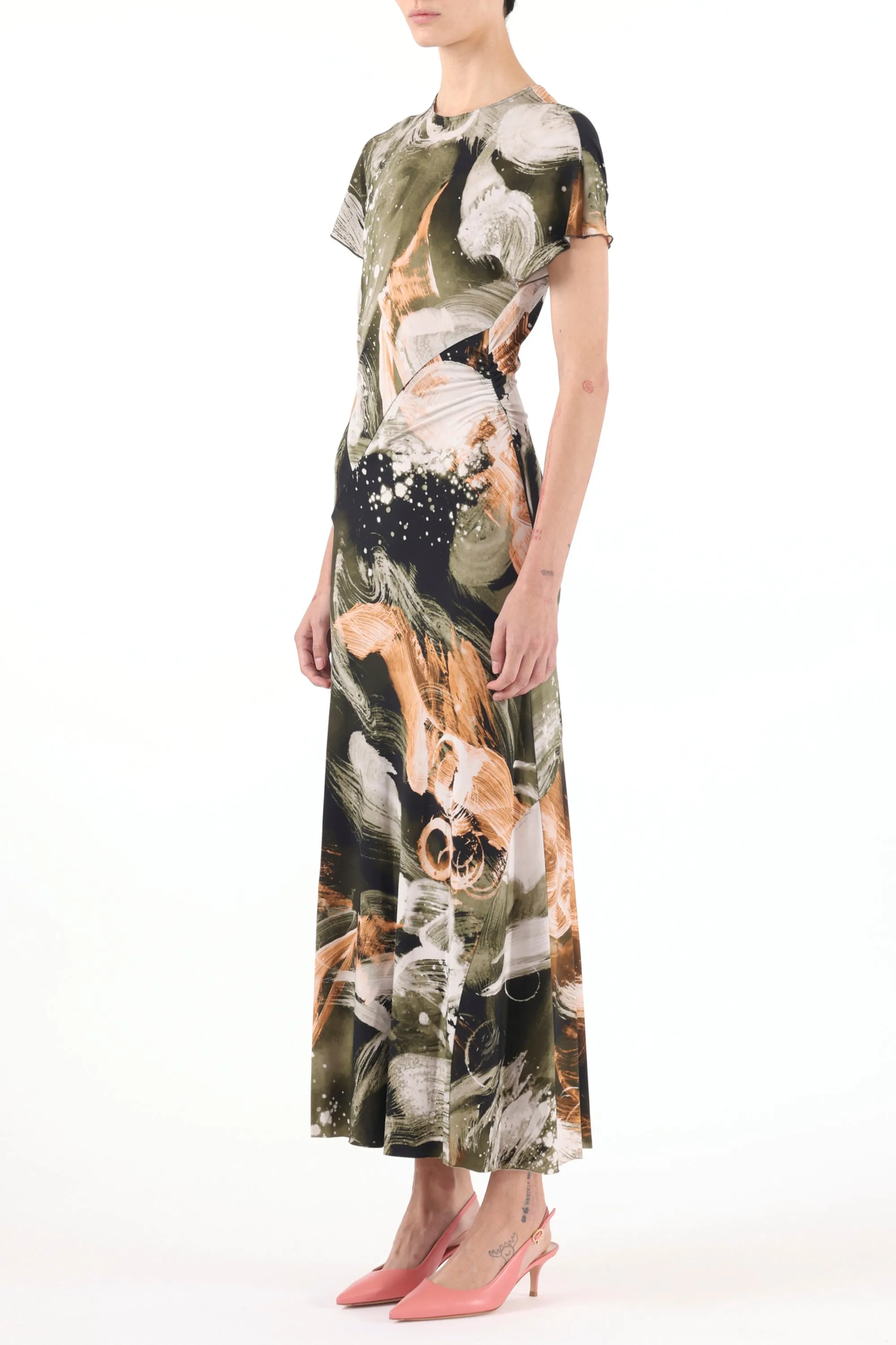 BRUSHSTROKE PRINTED JERSEY CAP SLEEVE MIDI DRESS