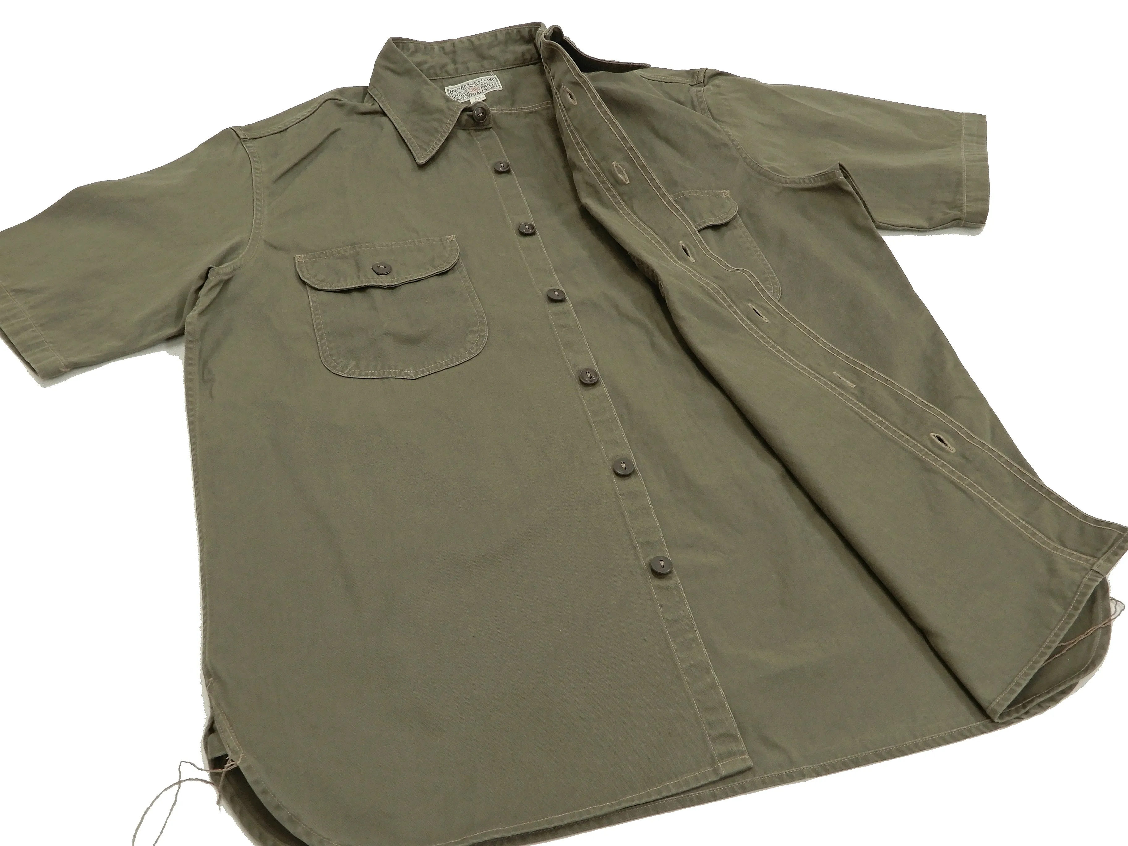 Buzz Rickson Men's Short Sleeve Plain Button Up Shirt HBT Military Style BR38401 Olive