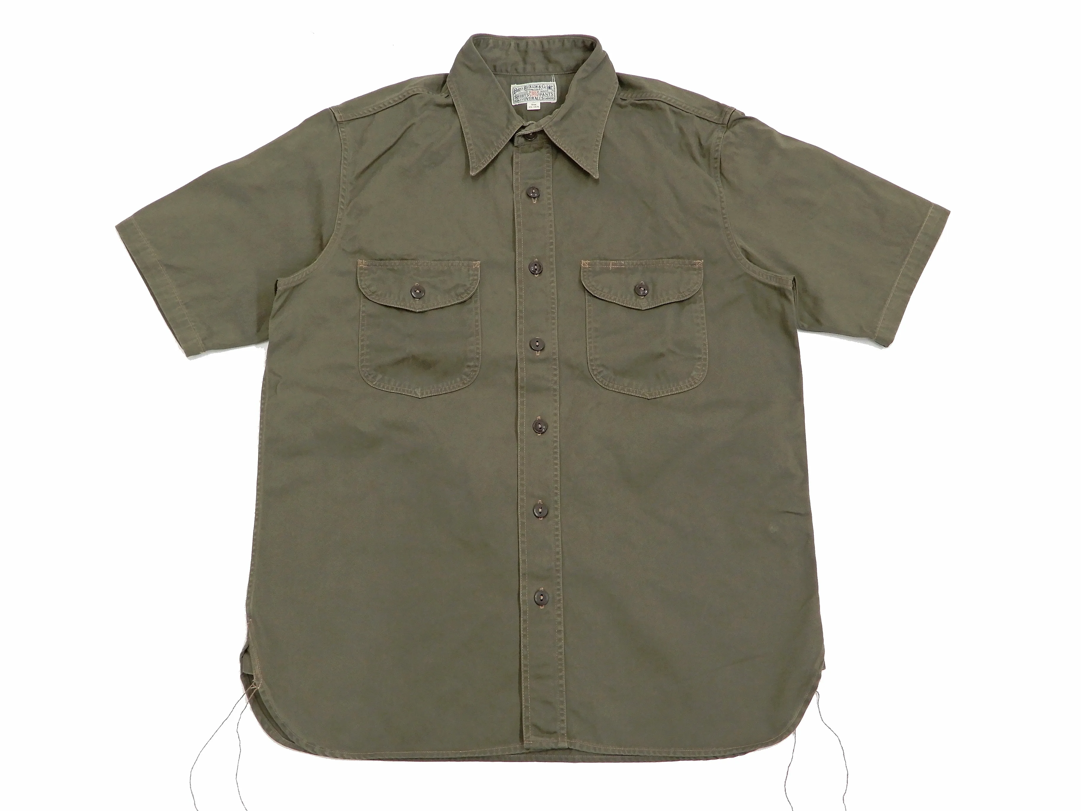 Buzz Rickson Men's Short Sleeve Plain Button Up Shirt HBT Military Style BR38401 Olive