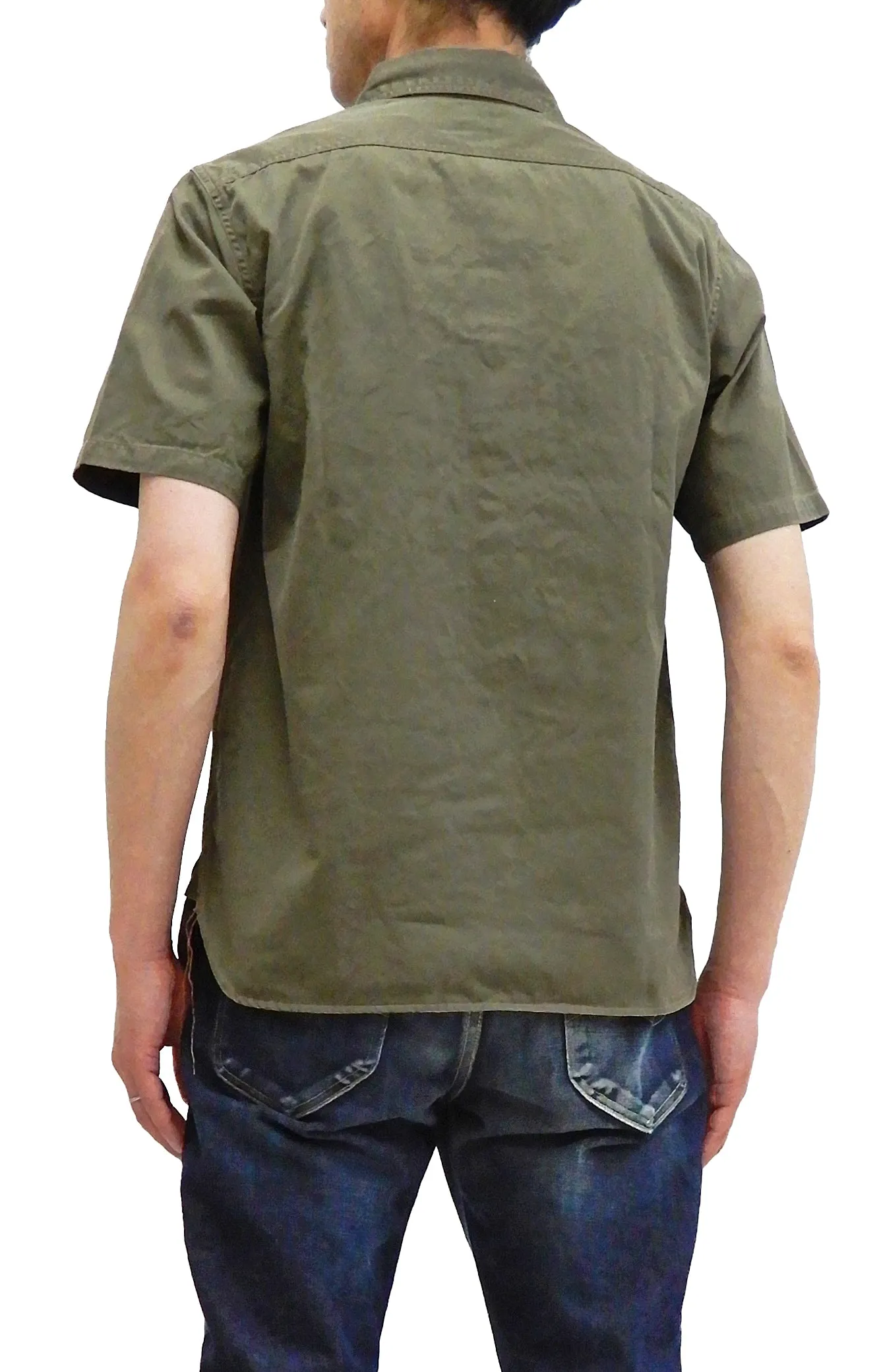 Buzz Rickson Men's Short Sleeve Plain Button Up Shirt HBT Military Style BR38401 Olive