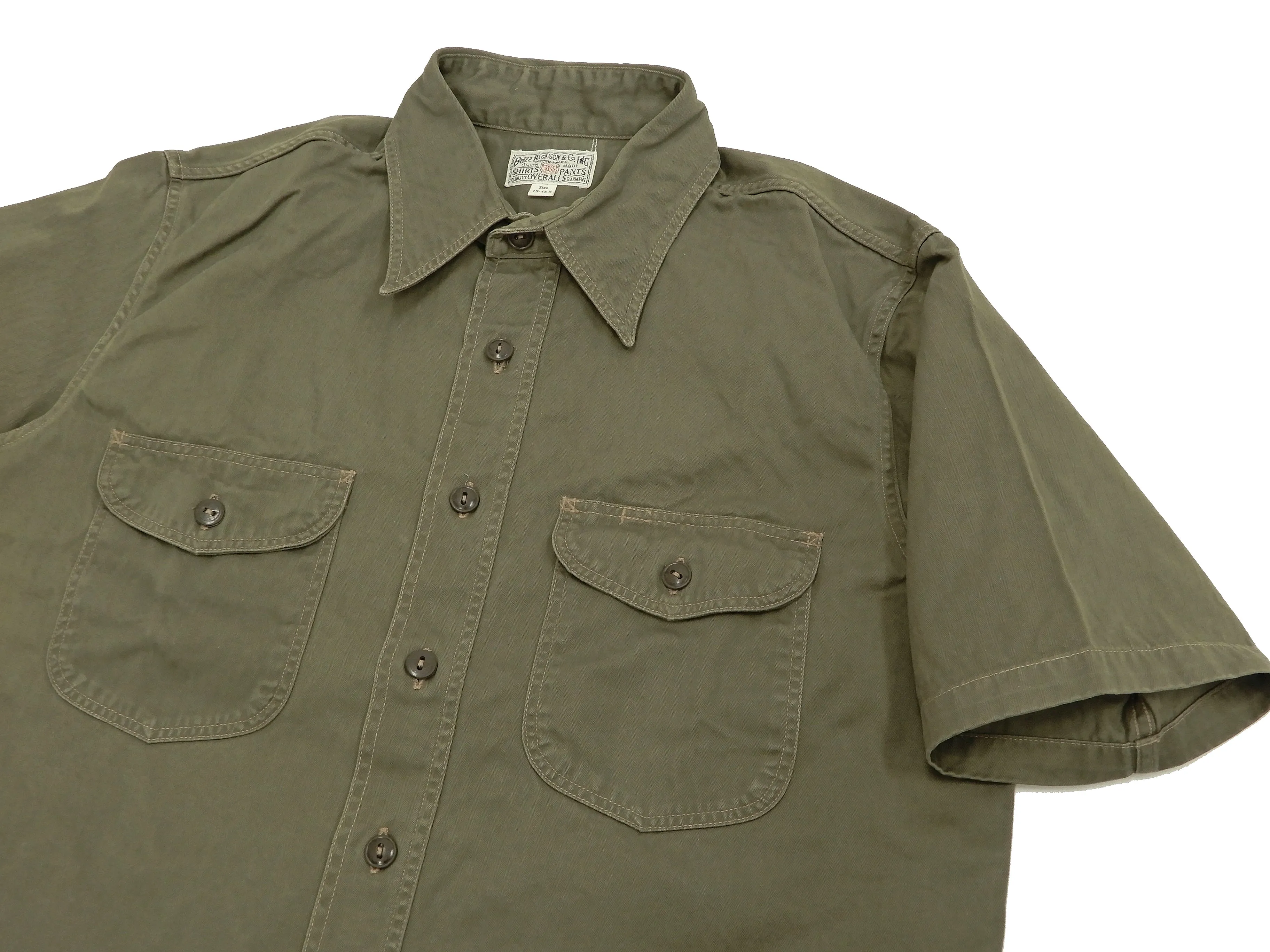 Buzz Rickson Men's Short Sleeve Plain Button Up Shirt HBT Military Style BR38401 Olive