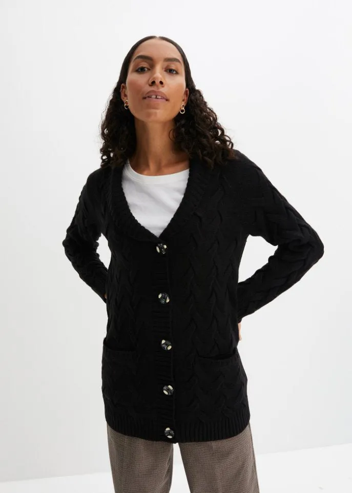 Cardigan with shawl collar in cable knit Bpc Bonprix Collection, black