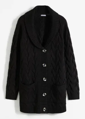 Cardigan with shawl collar in cable knit Bpc Bonprix Collection, black