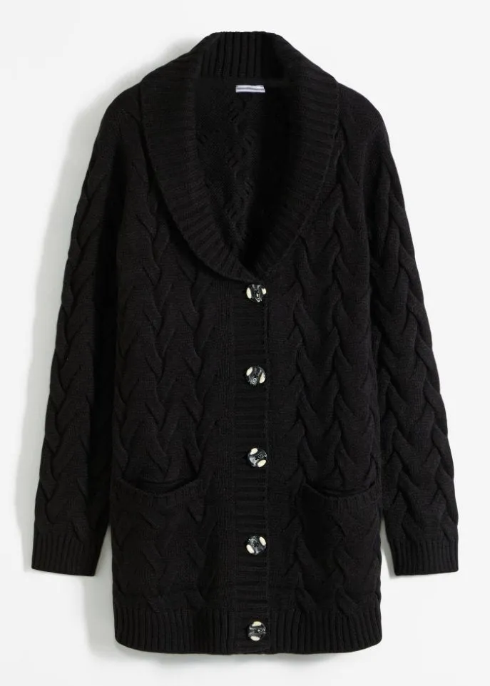 Cardigan with shawl collar in cable knit Bpc Bonprix Collection, black