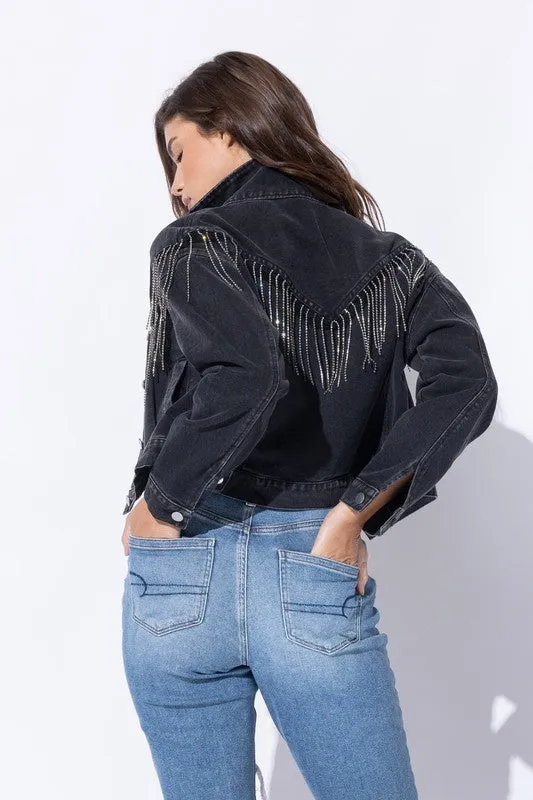 CROP DENIM JACKET WITH RHINESTONE FRINGE