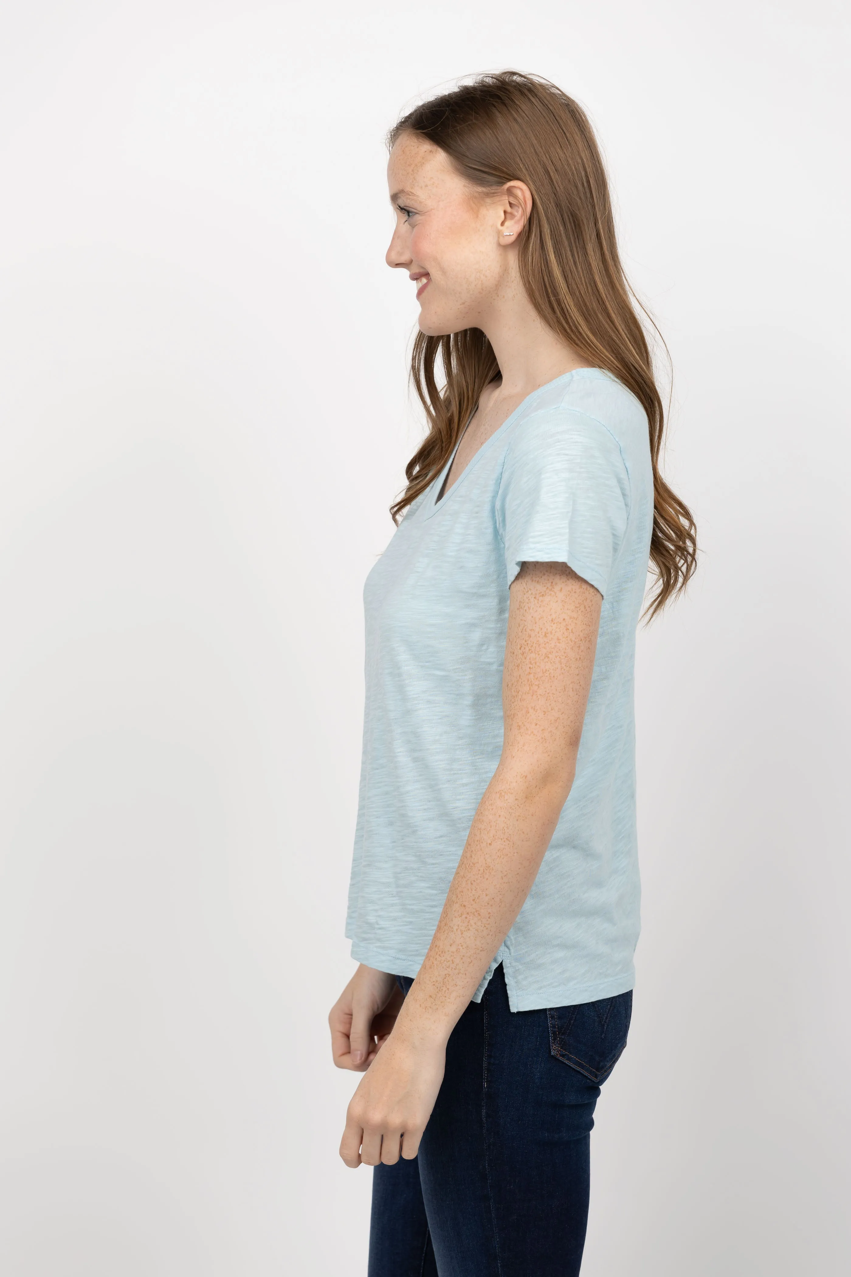 Dylan New Modern Short Sleeve Deep V-Neck T-Shirt in Powder Blue