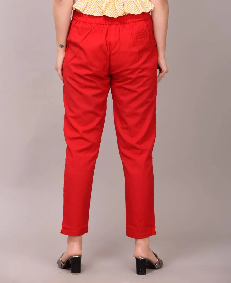 Elegant Red Solid Cotton Flex Stretchable Trousers For Women And Girls