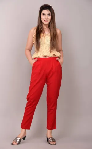 Elegant Red Solid Cotton Flex Stretchable Trousers For Women And Girls