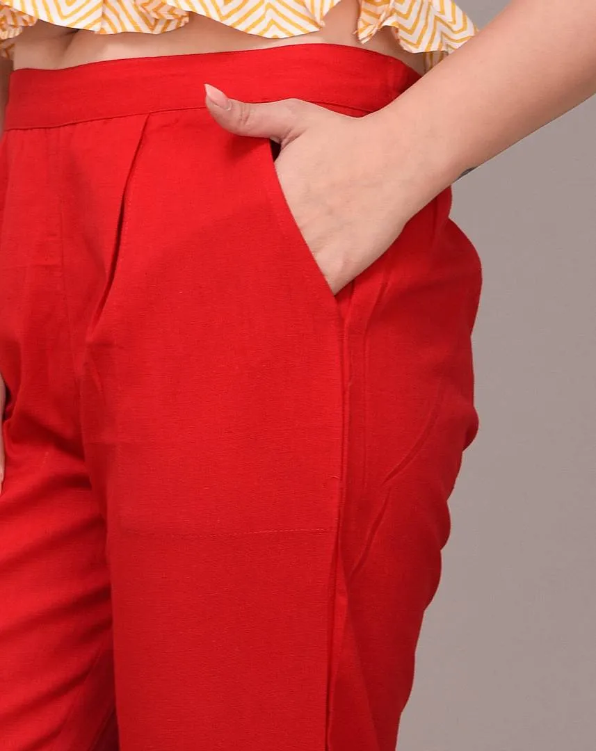 Elegant Red Solid Cotton Flex Stretchable Trousers For Women And Girls