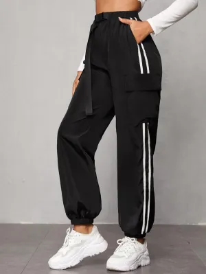 Flap Pocket Striped Side Push Buckle Belted Windbreaker Joggers