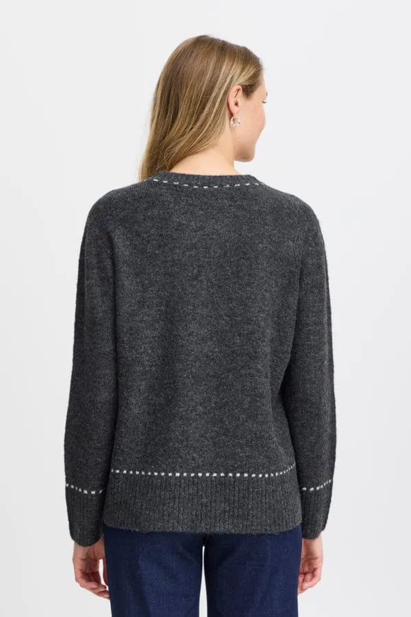 Fransa Stitch Detail Jumper Grey Ivory