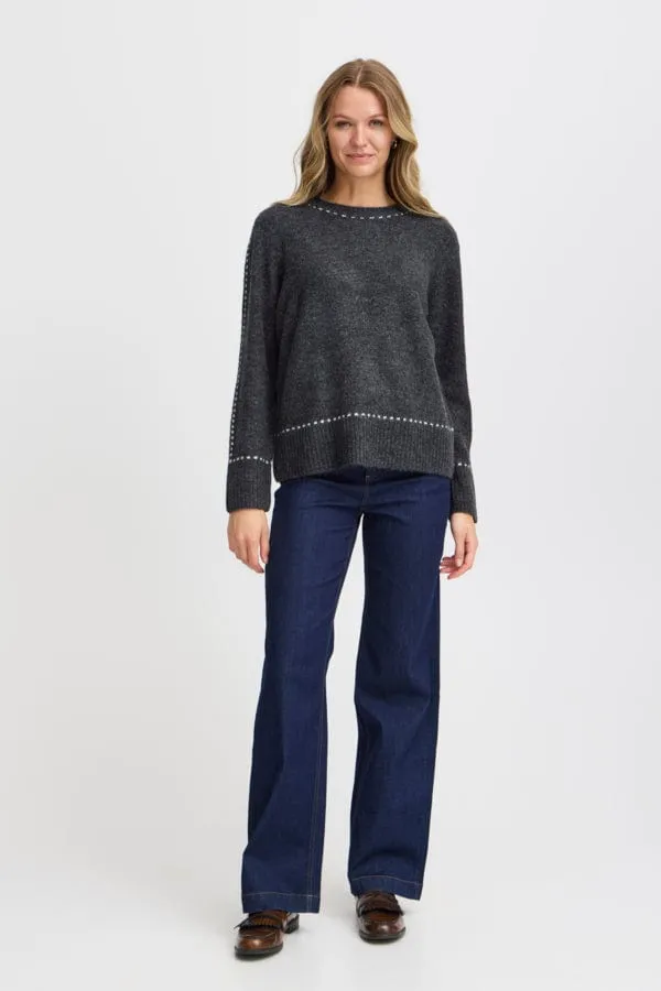 Fransa Stitch Detail Jumper Grey Ivory