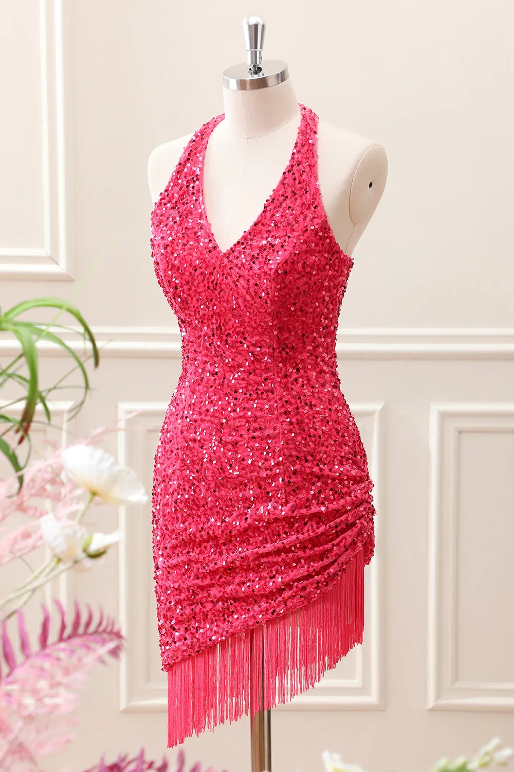 Fringed Fuchsia Sequined Halter Asymmetrical Mini Dress