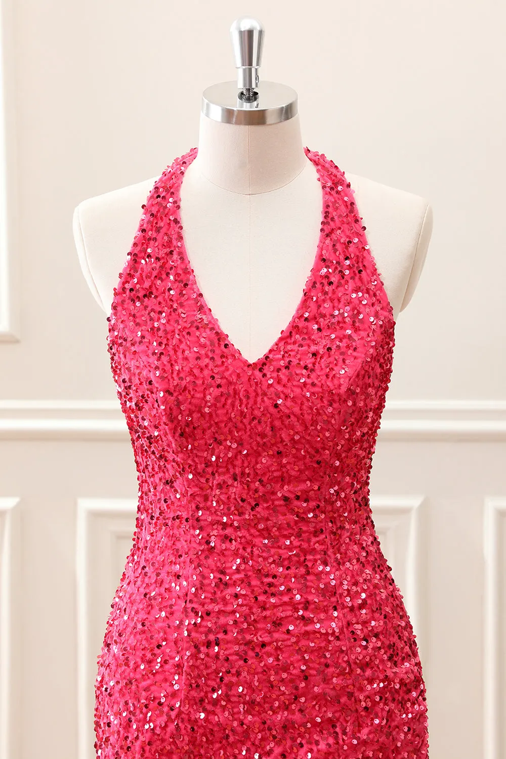 Fringed Fuchsia Sequined Halter Asymmetrical Mini Dress