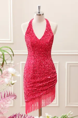 Fringed Fuchsia Sequined Halter Asymmetrical Mini Dress