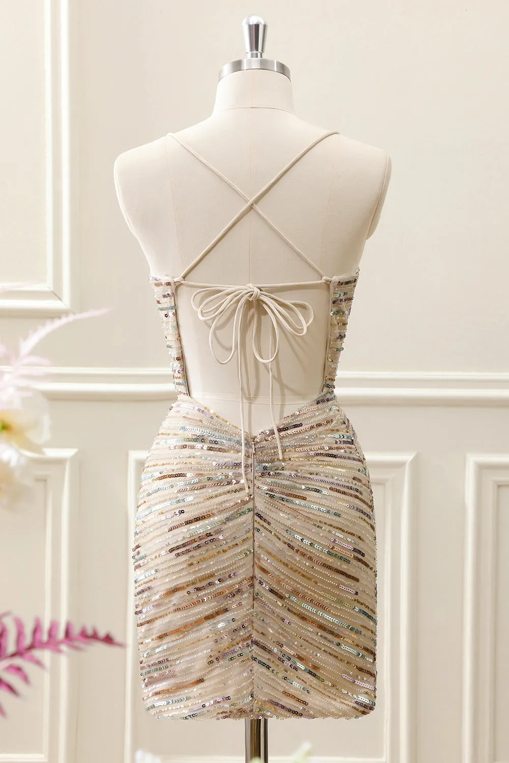 Glitter Champagne Spaghetti Straps Tight Mini Dress with Sequins