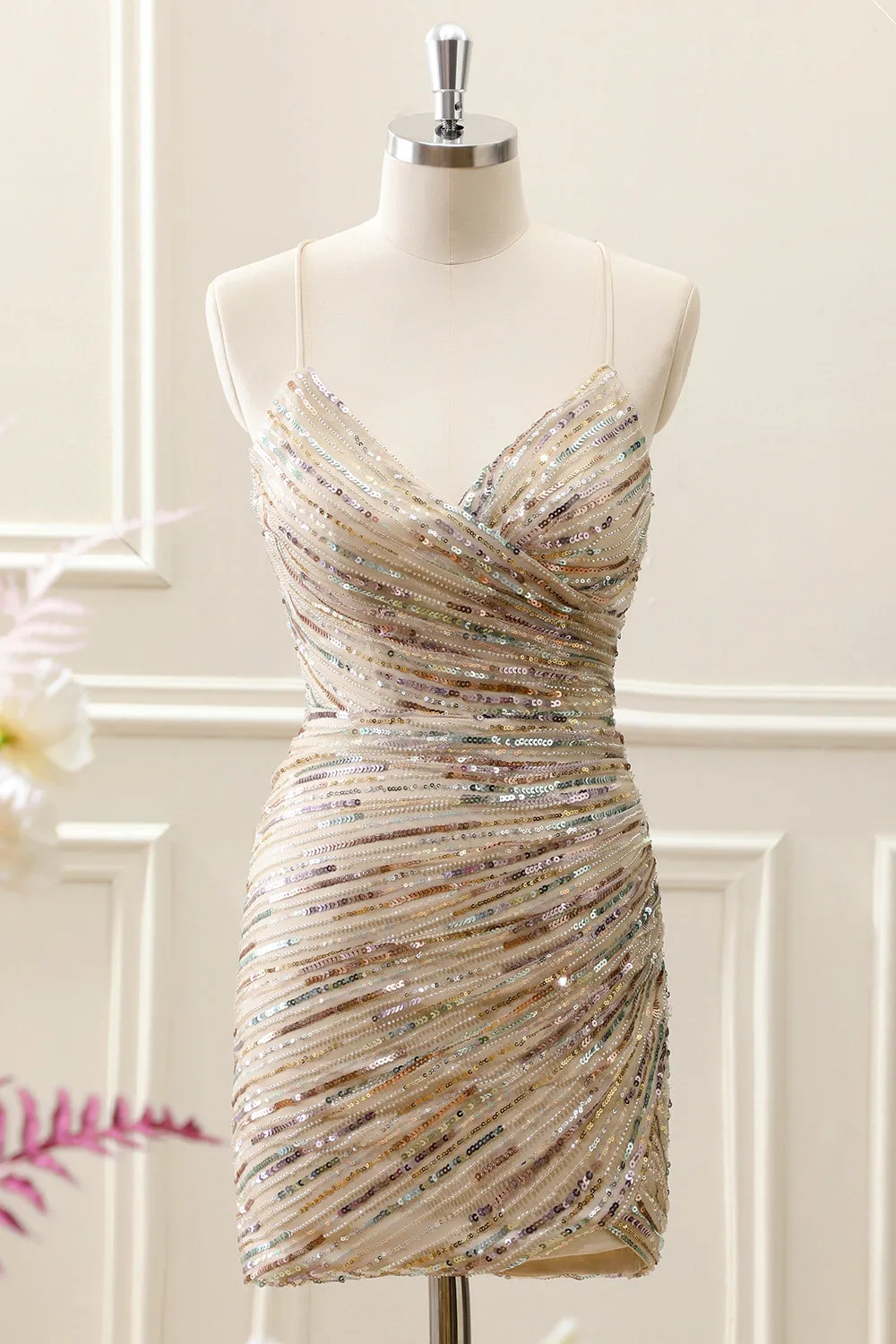 Glitter Champagne Spaghetti Straps Tight Mini Dress with Sequins