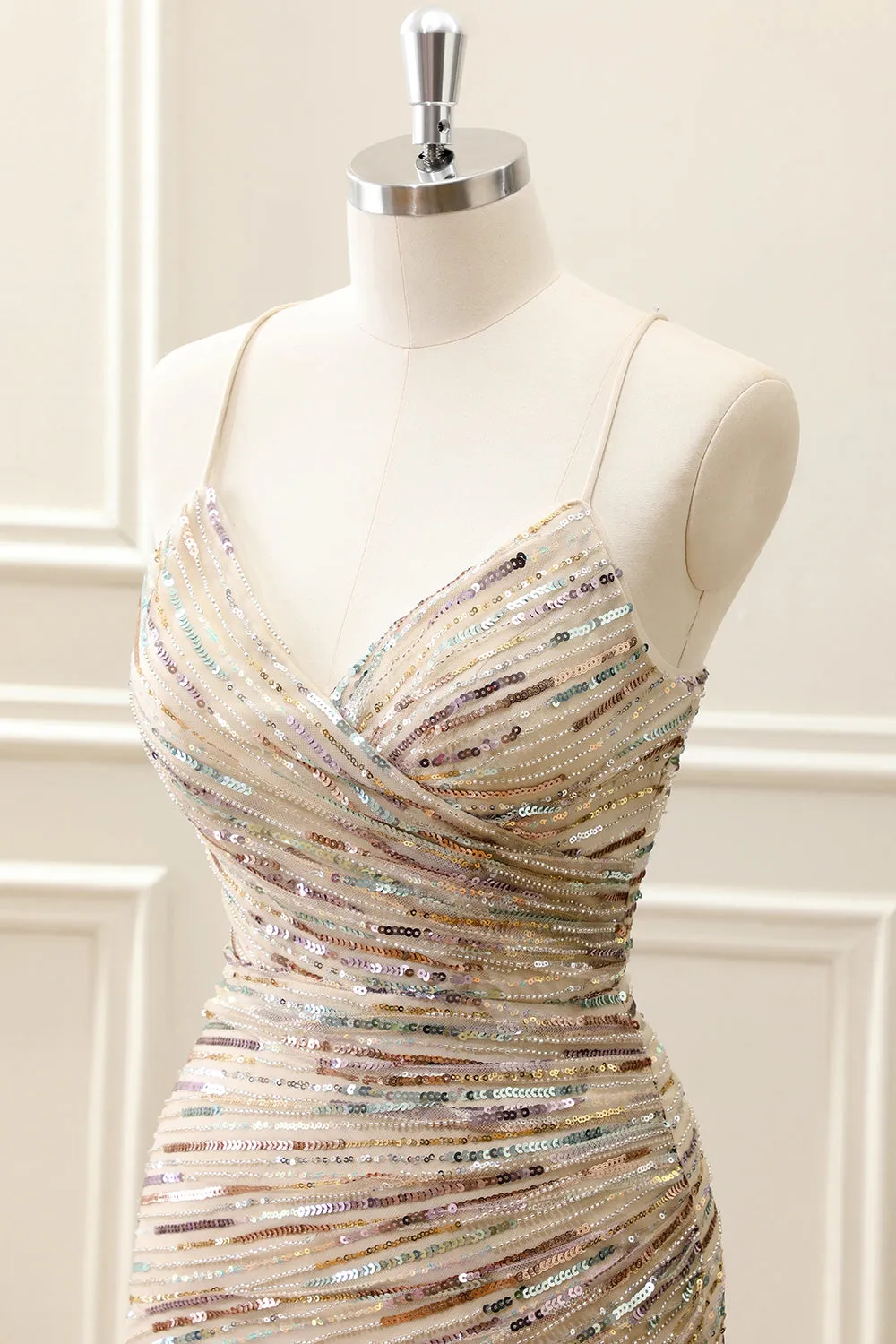 Glitter Champagne Spaghetti Straps Tight Mini Dress with Sequins