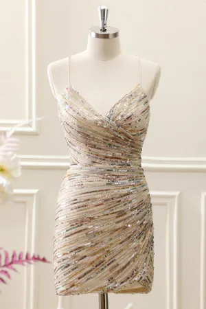 Glitter Champagne Spaghetti Straps Tight Mini Dress with Sequins