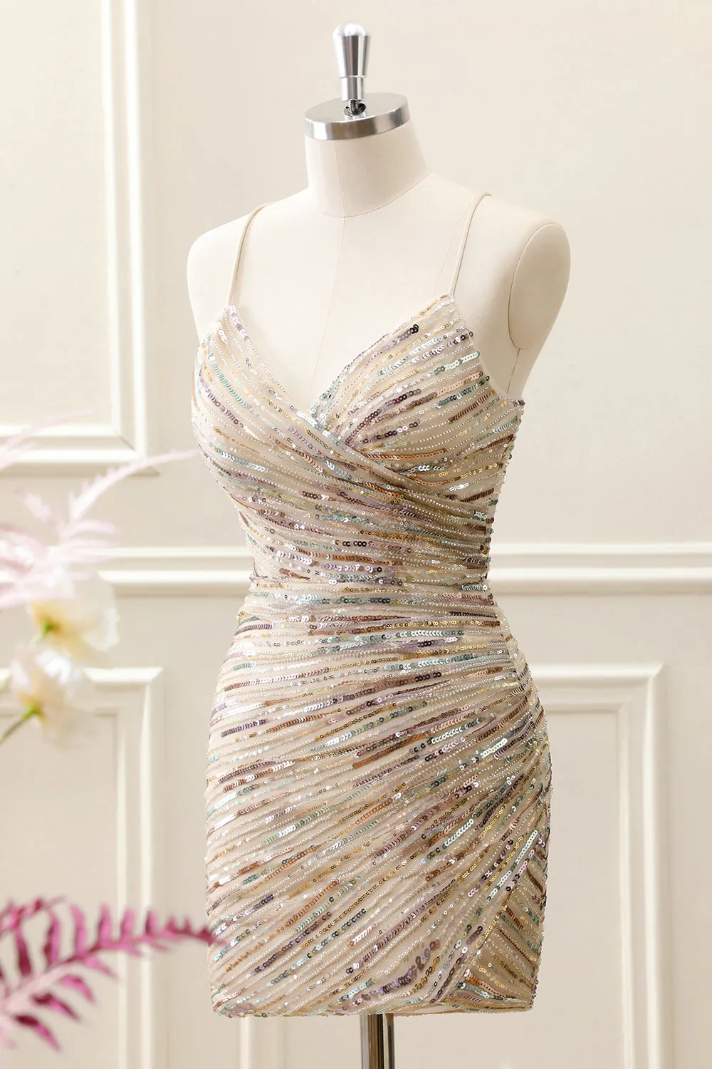 Glitter Champagne Spaghetti Straps Tight Mini Dress with Sequins