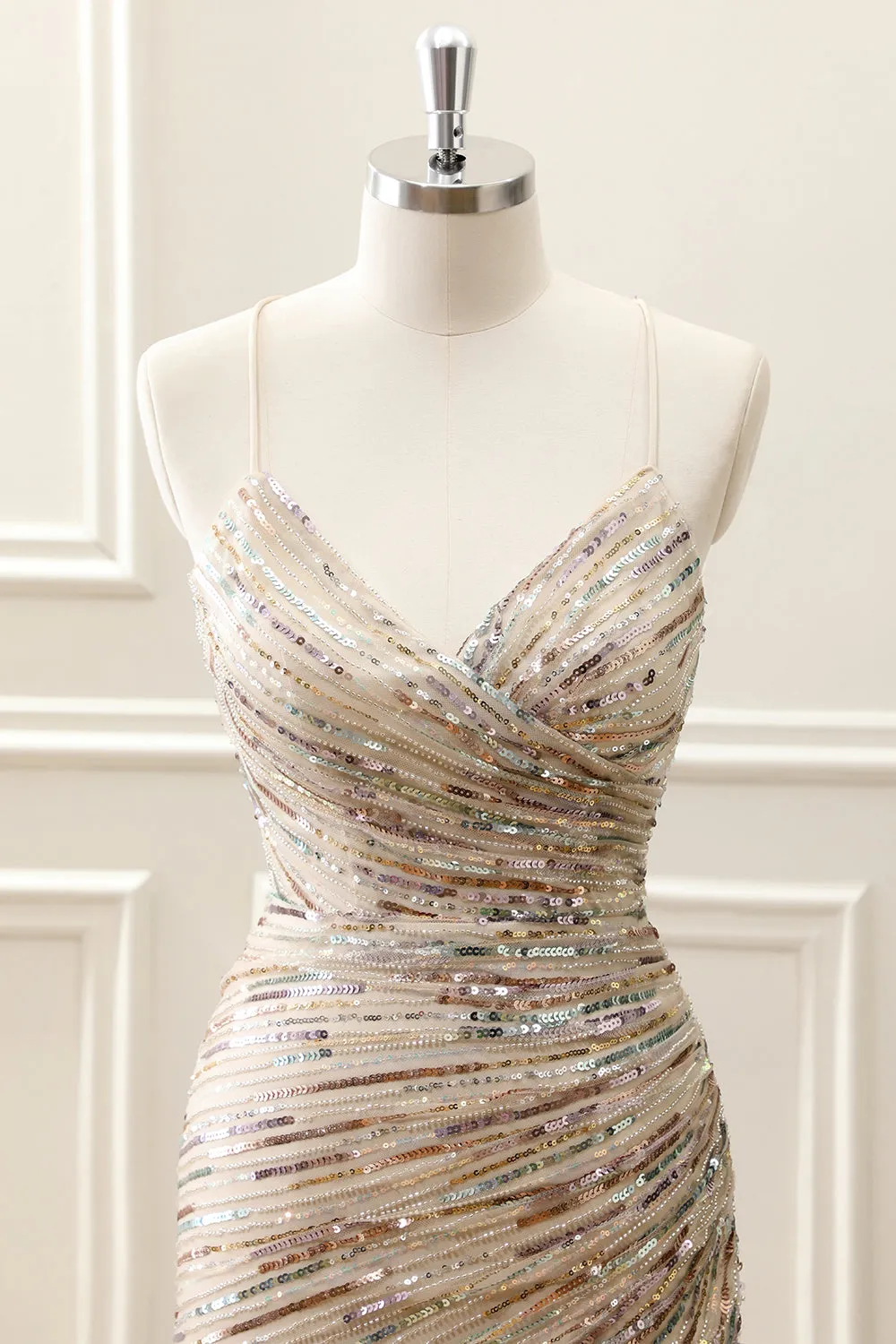 Glitter Champagne Spaghetti Straps Tight Mini Dress with Sequins