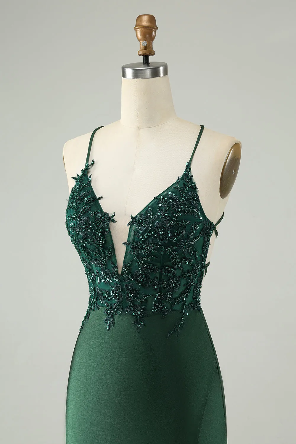 Glitter Dark Green Tight V Neck Beaded Mini Dress