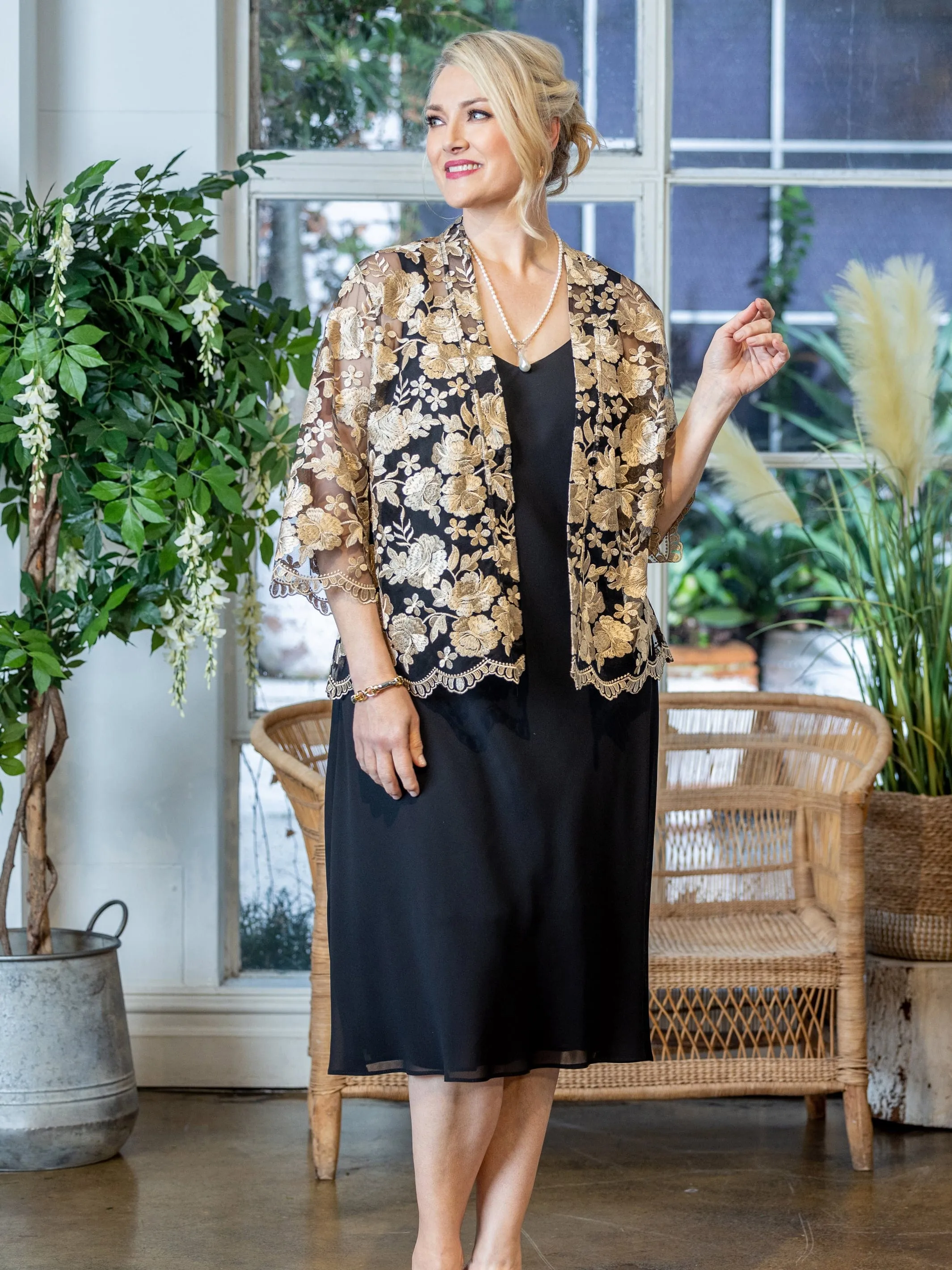 Golden Lace Collarless Evening Jacket