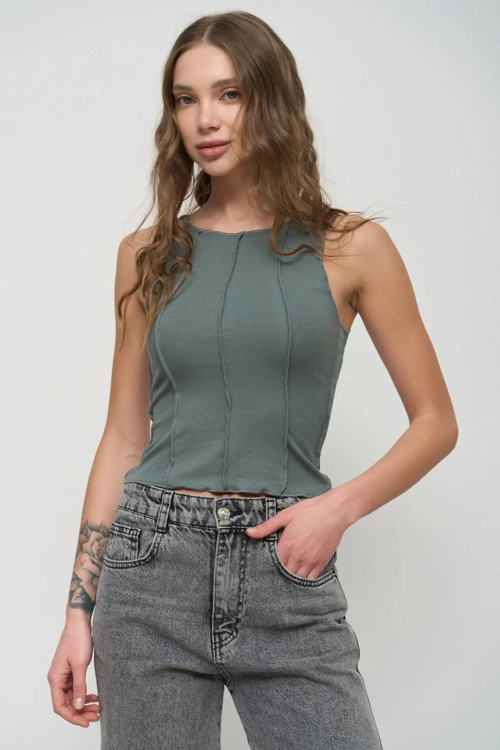 Grey Ribbed Seam Detail Top