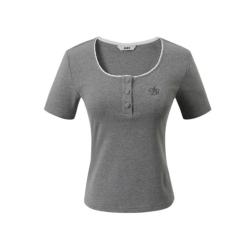 Heather Gray Henley Top: Short Sleeve Fitted Tee with Contrast Trim and Embroidered Logo