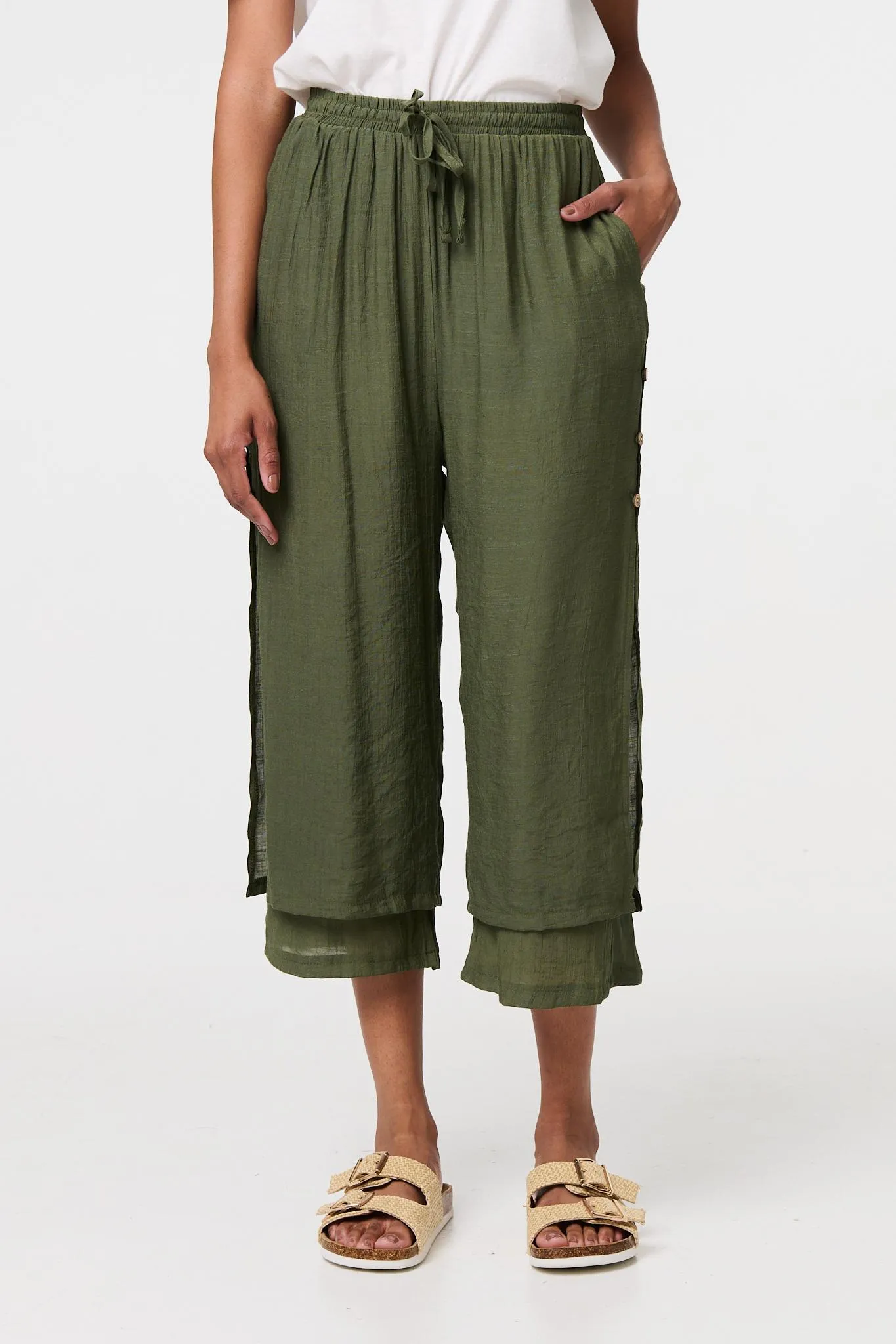 High Waist Layered Hem Cropped Trousers